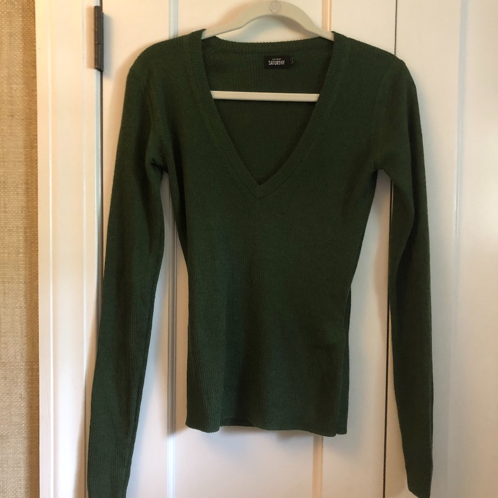 Kate Spade Saturday, green v-neck ribbed sweater S